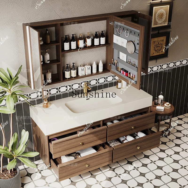 

Walnut skin feeling integrated wash basin bathroom cabinet combination bathroom, medieval style bathroom cabinetY