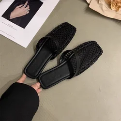 Summer Women Slippers Sexy Mesh Mules Indoor Home Slides Square Toe Female Flats Shoes Outdoor Clogs Beach Sandals Flip Flops