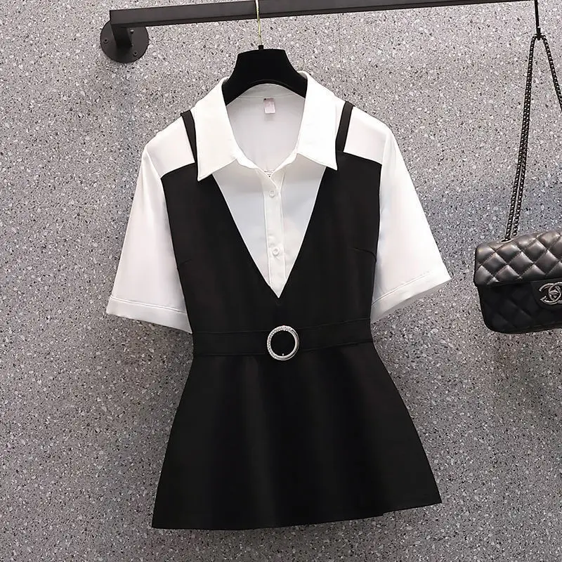 New Professional Shirt Suit Fashionable Women's Personalized Splicing Shirt Flared Trousers Two-piece Office Casual Work Clothes