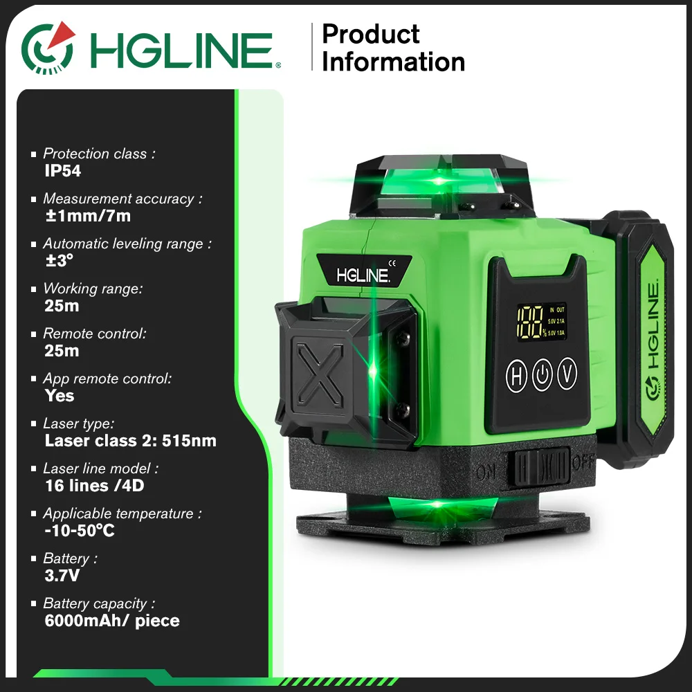 Imagem -06 - Hgline-ferramenta de Nivelamento Automático Nível Laser Horizontal e Vertical Cruzado Bateria Li-ion 16 Linhas 4d 360 ° 6000mah Unidades