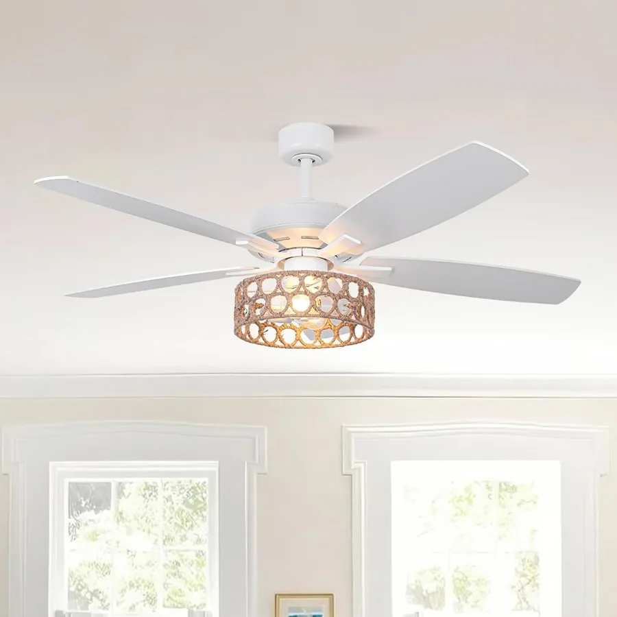 

52-дюймовый винтажный потолочный вентилятор в клетке со встроенным освещением и дистанционным управлением для гостиной, 6-скоростной регулируемый и двусторонний Qu