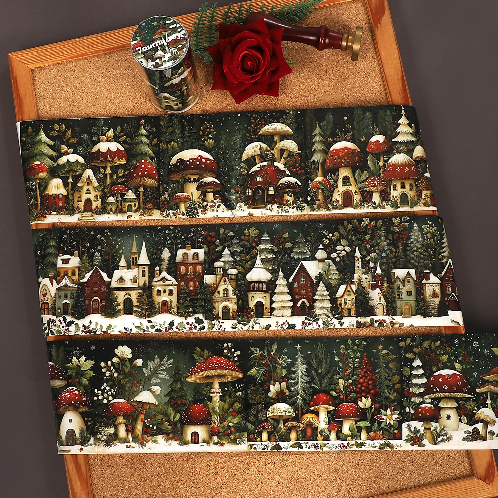80mm*161cm Vintage Christmas Mushroom House Landscape Washi Tape Creative DIY Journal Material Collage Scrapbooking Stationery