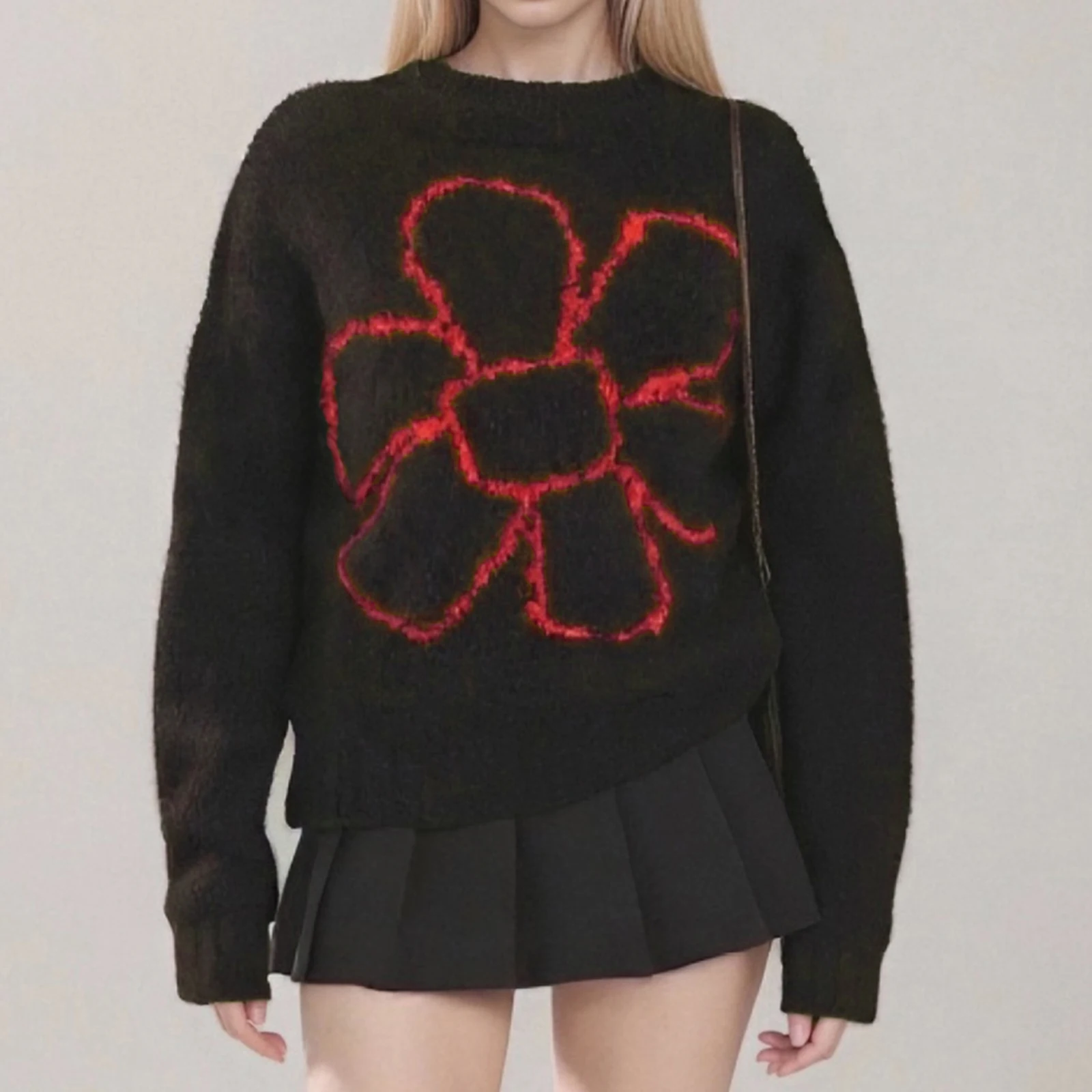 سترة نسائية موضة شتاء 2026 مُزينة بالزهور بلوفرات تريكو للسيدات غير رسمية برقبة دائرية وأكمام طويلة ملابس علوية فضفاضة ضيقة متماسكة