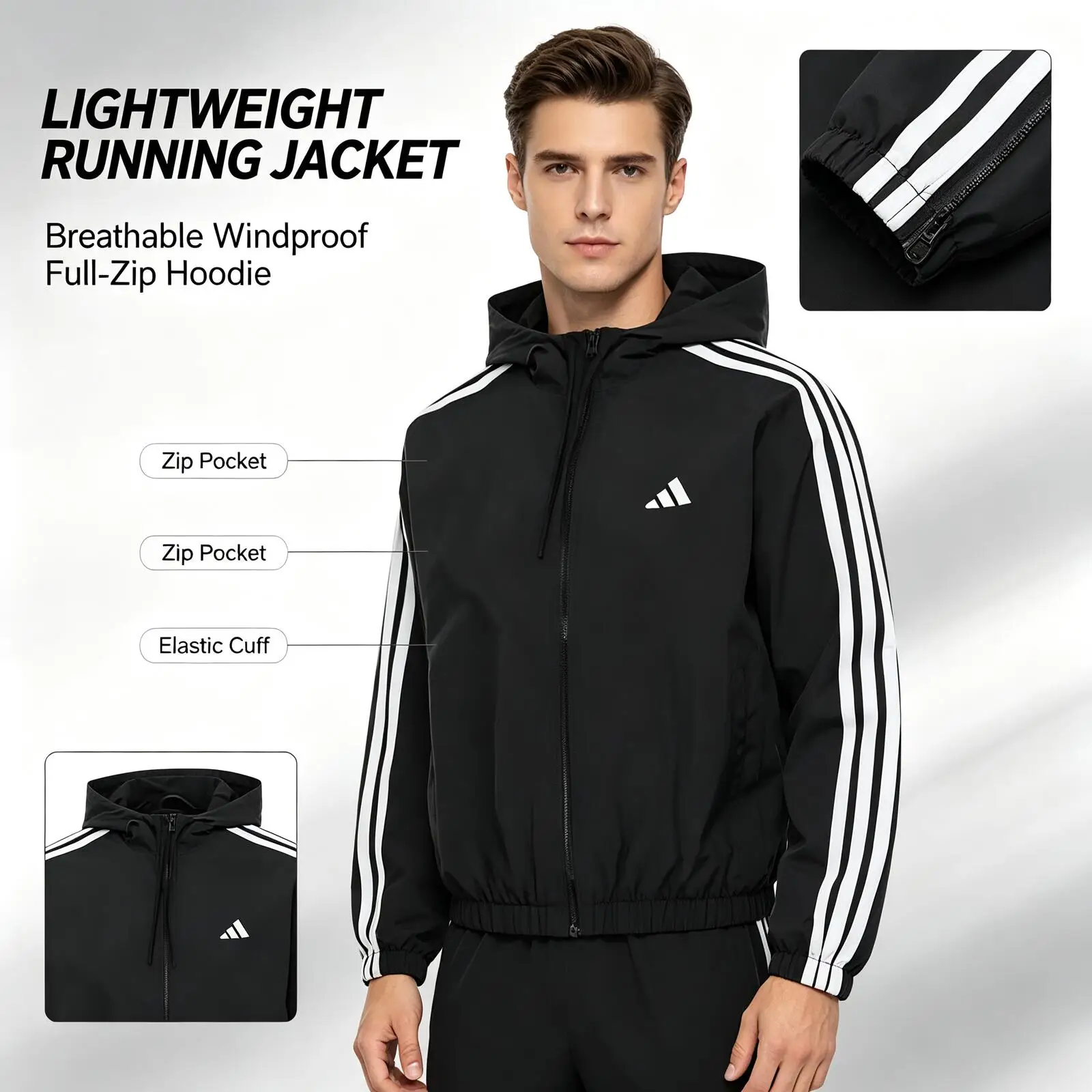 New Adidas Classic Black Hooded Windbreaker Jacket Unisex White Striped Full-Zip Windproof Lightweight Running Training Outdoor