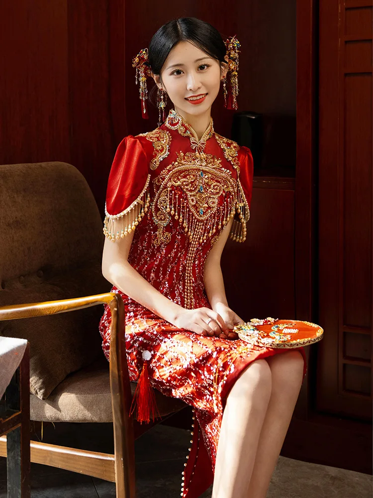 Elegant Tassel Slim Cheongsam Chinese Style Sequins Beading Bow Wedding Dress Marriage Set Bride Costume Toast Clothing