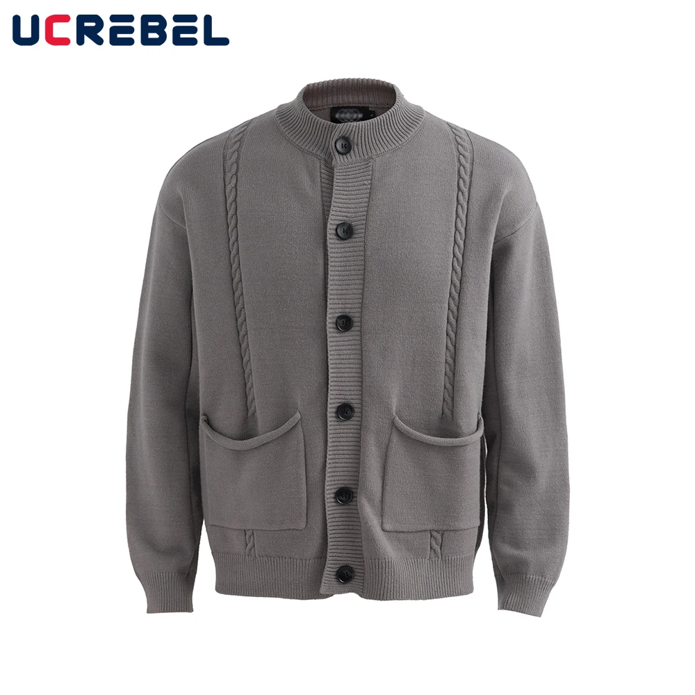 

Pocket Knitted Cardigan Mens Autumn Winter Retro Streetwear Loose Crew Neck Long Sleeve Single Breasted Sweatercoat Man