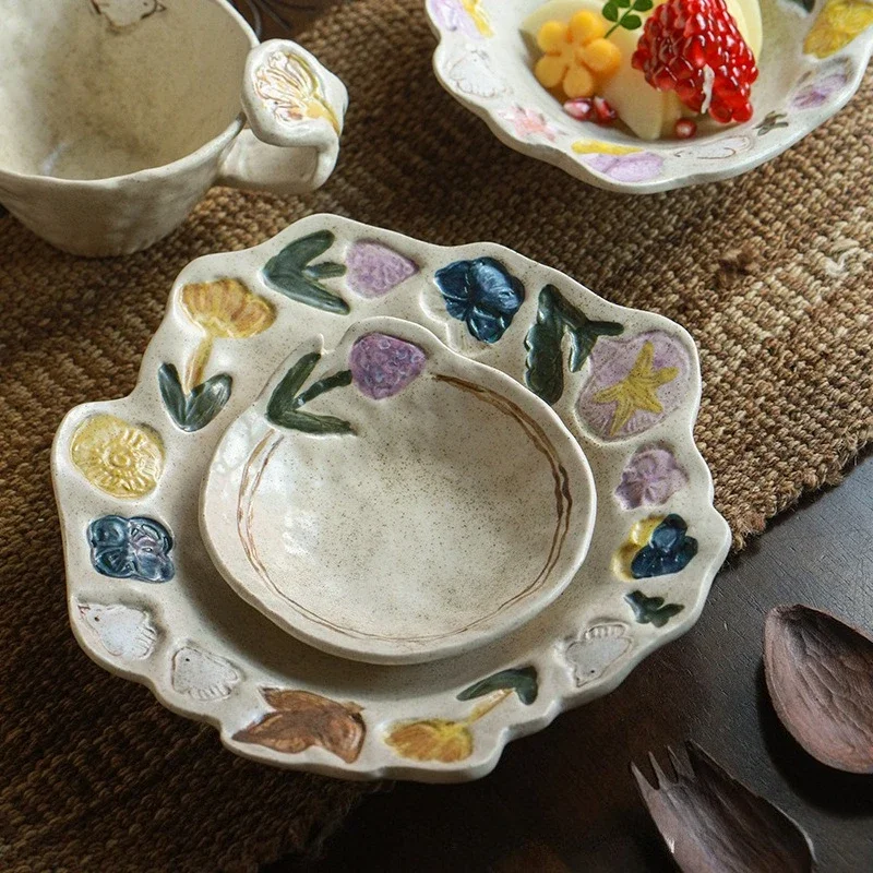 Mud Floral Retro Ceramic Dinner Plate High Value Dessert Plate Housewarming Gift Underglaze Color