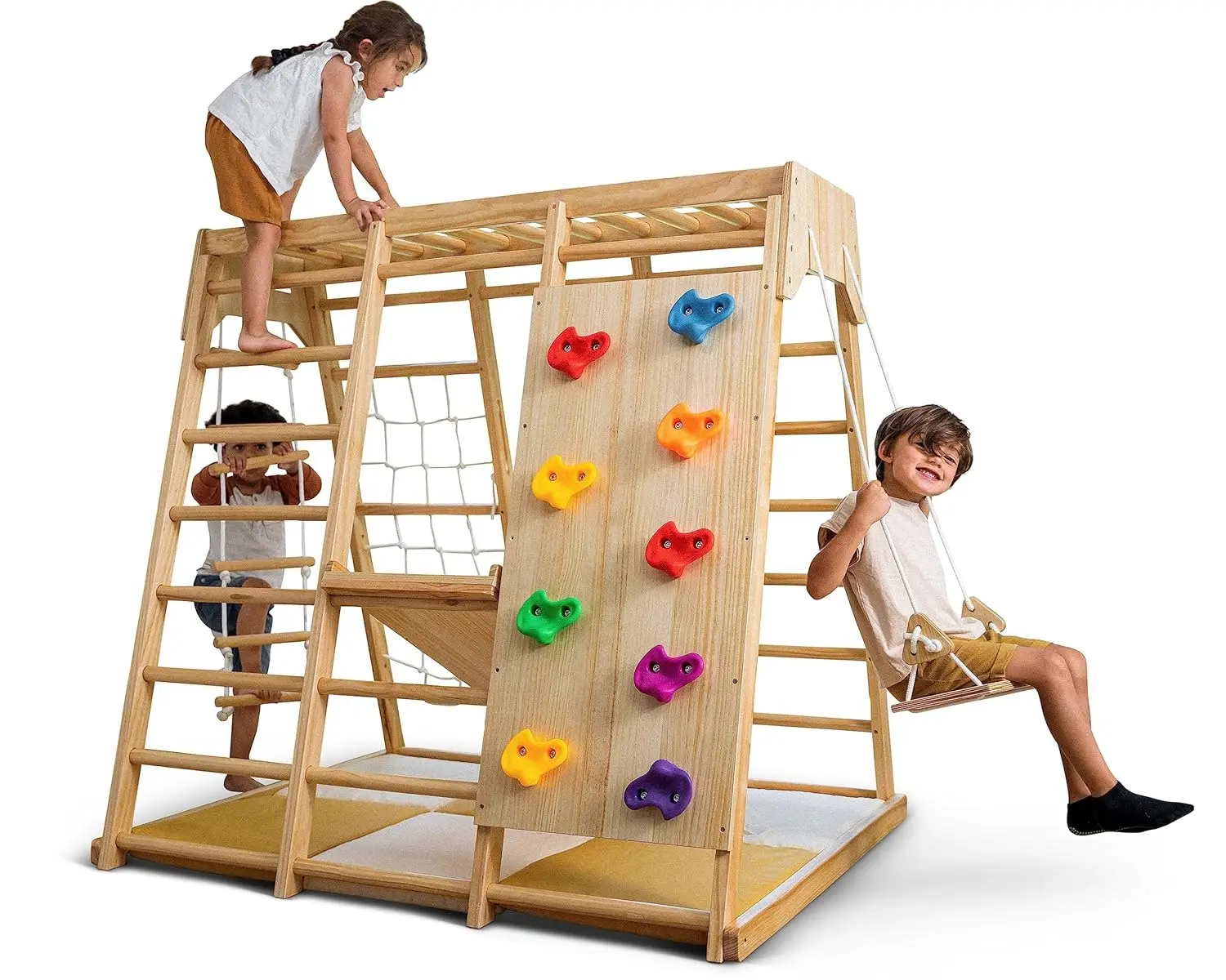 

Indoor Wooden Montessori 6-in-1 Playground Rope Ladder Swing Slide Rock Wall For Toddlers Ages 2-6, Customized