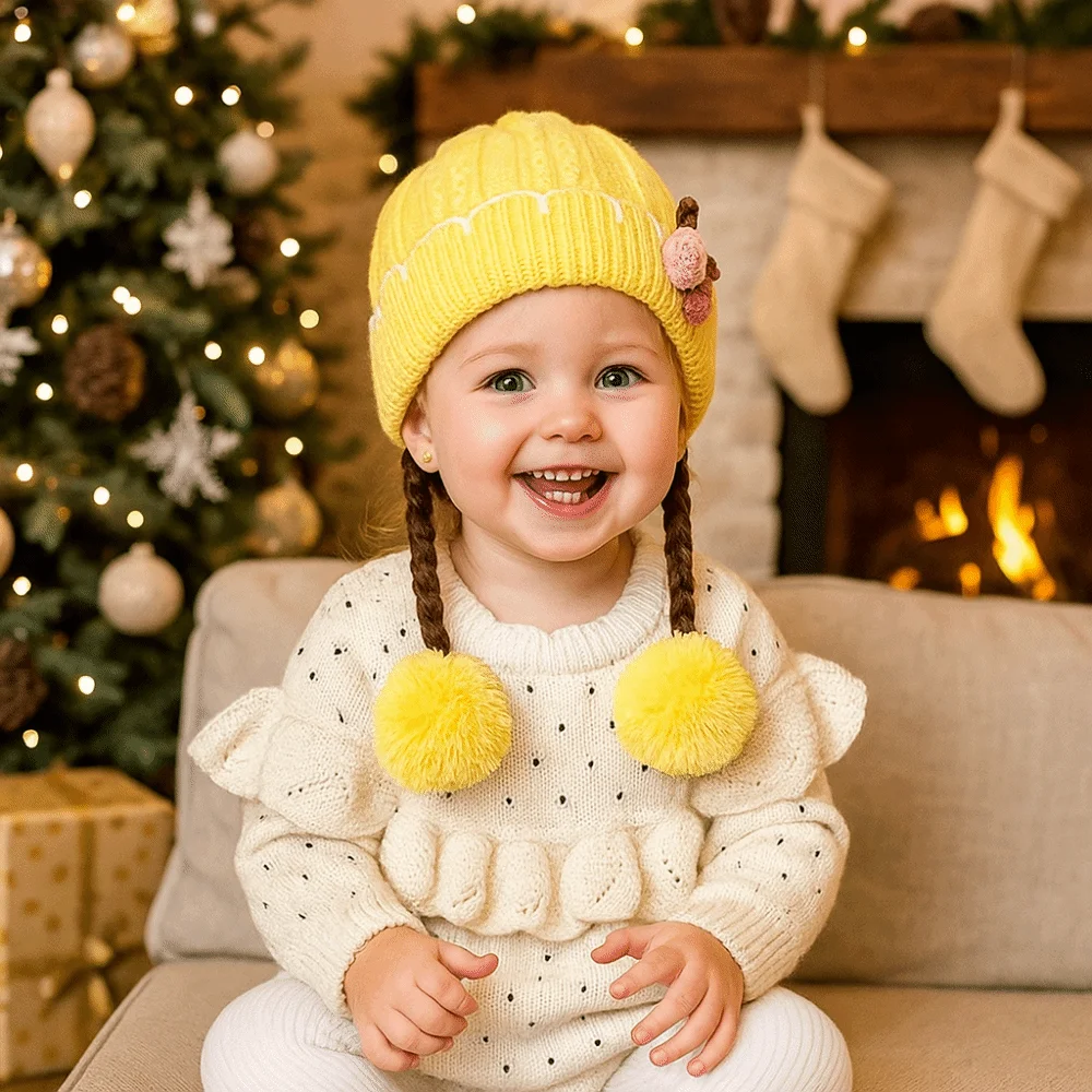 

Cartoon Warm Knitted Hat Breathable Windproof Wig Hats Soft Newborn Beanie Cap Autumn and Winter
