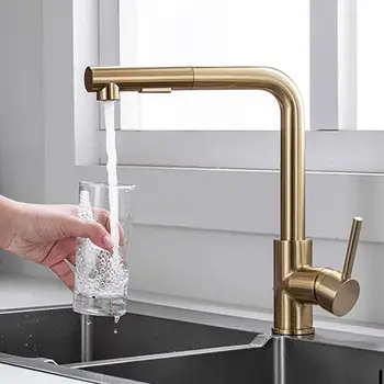 Keukenkraan Borstel Goud Loodvrij Roestvrij Staal Pull-Out Warme En Koude Eenhendel Gootsteen Mixer