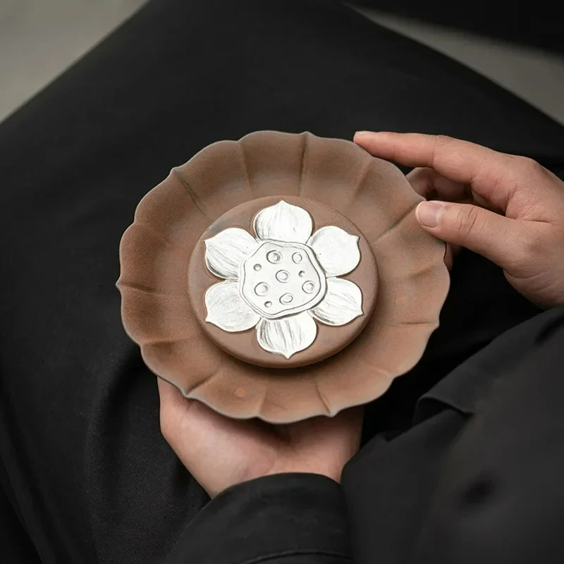 Empty Zhai Old Rock Clay Fanglian Pot Tray Silver Gilded Stoneware Bamboo Water Drop Container Coaster Tea Tray Fruit Plate - view 2