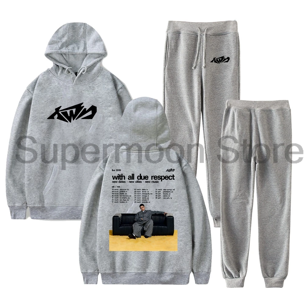 Conjunto de Moletom Kwn With All Due Respect Tour 2026, Hoodie e Calças Jogger, Conjunto de Duas Peças para Mulheres e Homens