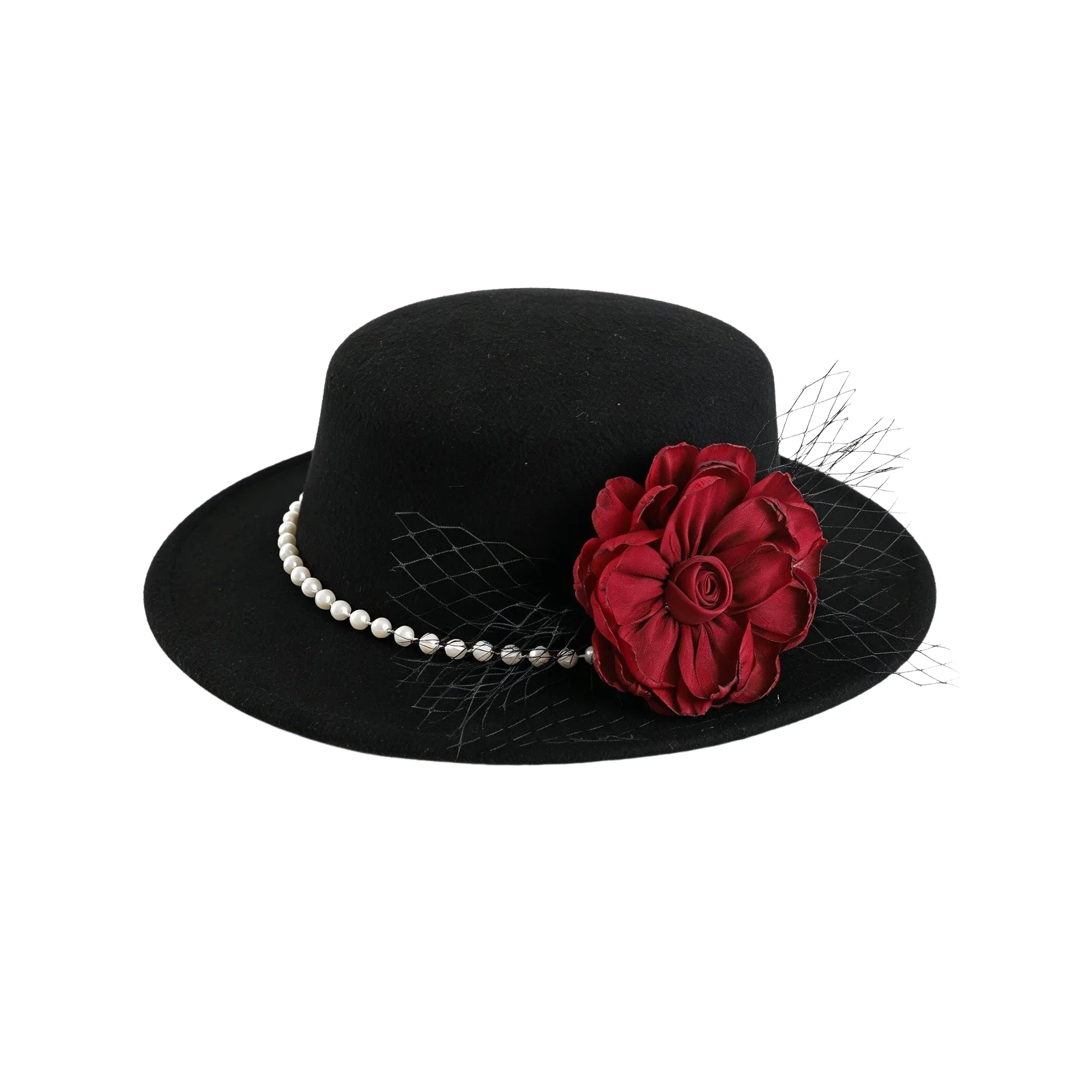 2026 New Elegant Pearl Bead Floral Fedora Hat with Mesh Net Veil Women Tea Party Fascinator Top Hat Wedding Church Accessories