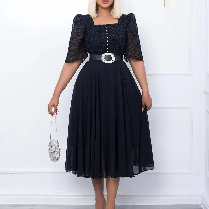 

Women White Black Dress Short Sleeves See Through Turn Down Collar Elegant Pleated Buttom Up Modest Midi Robes Classy Large Size