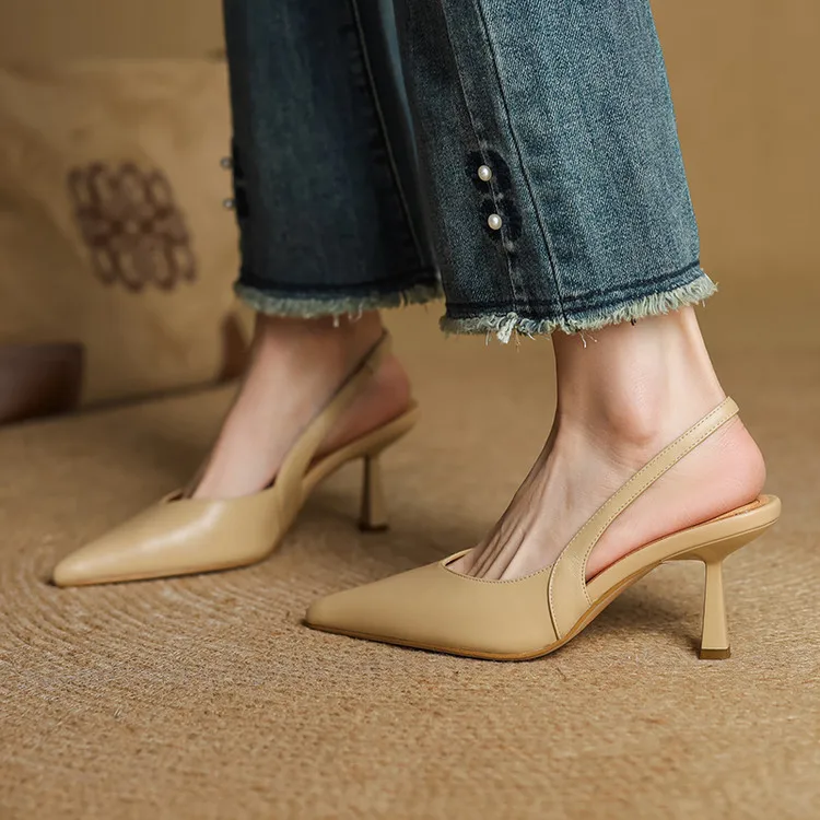

2025 Apricot Leather Women Slingback Pumps Shallow Formal Dress Office Working Shoes 7cm Thin High Heels Beige Wedding Shoes