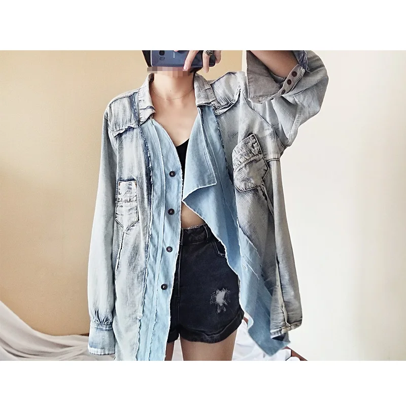 Irregular White Denim Shirt Coat Women's Spring and Summer New Ocean Style Nostalgic Mid-Length Protective Clothes Thin
