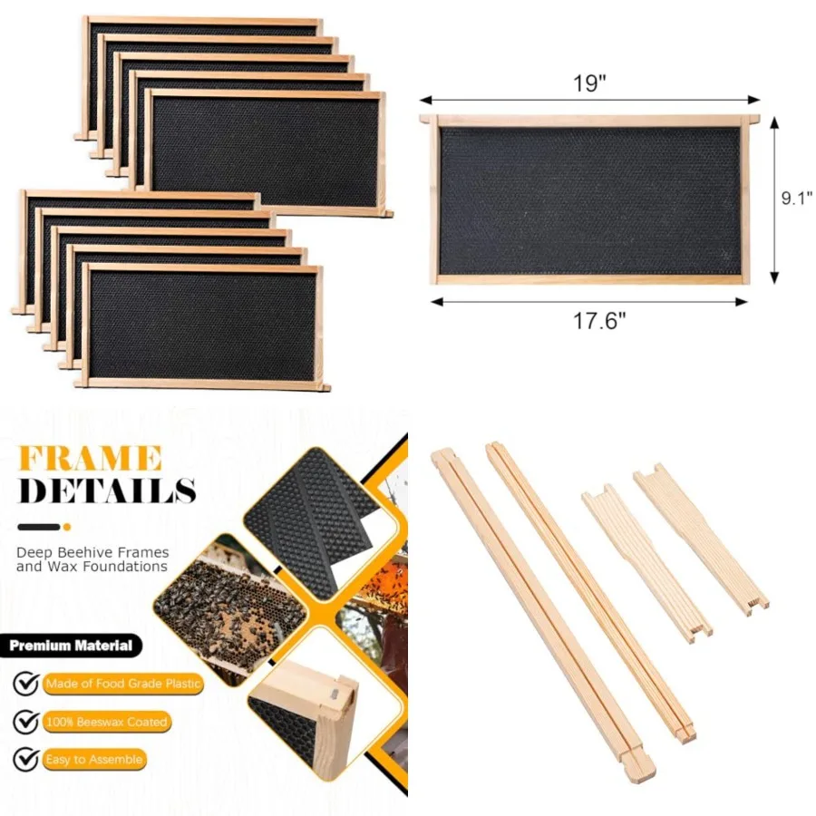 BeeCastle 10 Pack Beehive Frames and Wax Foundations for Deep Brood Bee Hives with Wooden Bee Hive Frames and 100% Beeswax Coat