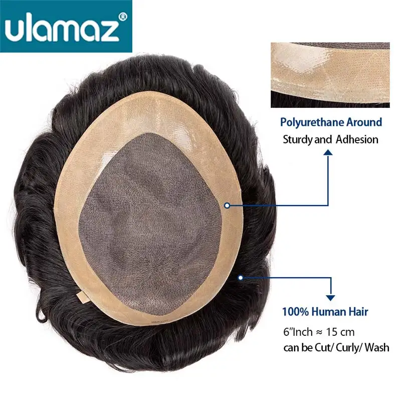 Fine Mono Cabelo Humano Toupee para Homens, Prótese Capilar, Peruca Durável, Unidade Do Sistema De Substituição Do Cabelo Natural, 6"