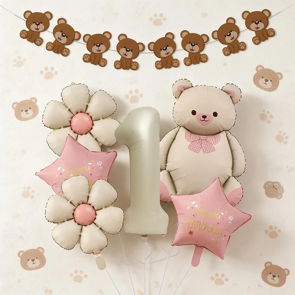 Bear banner Daisy teddy Bear Foil Balloon decor teddy Bear Birthday Party Decoration 1st～5th Happy Birthday Party Decoration