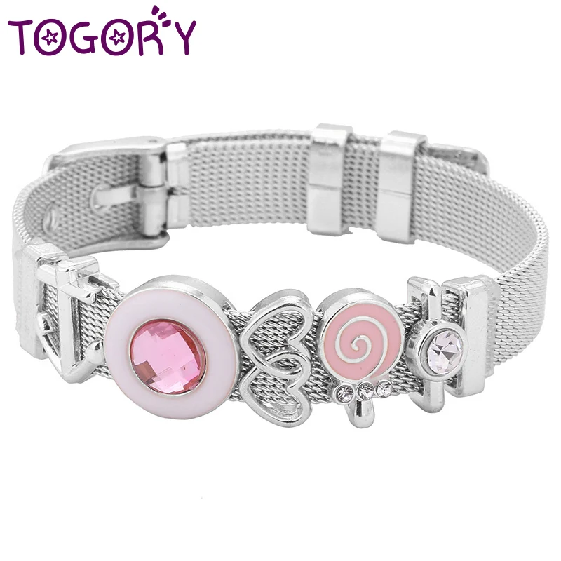TOGORY-Pulsera de piruleta rosa para mujer y niño, brazalete de malla de corazón a corazón de acero inoxidable, regalo de joyería