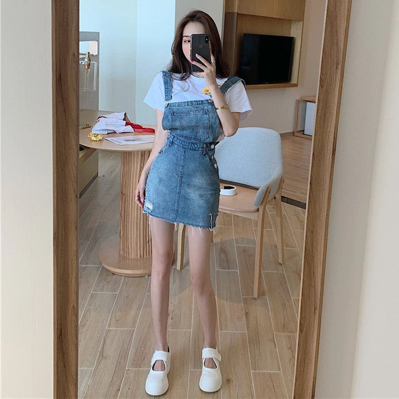 Woman Bow Strap Denim Skirts Hole Zipper Denim Overall Skirts Spring Summer Women Suspenders Slim Pocket Button Jeans Pants New