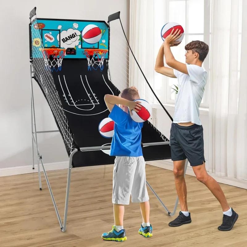 Foldable Basketball Arcade Game, 8 Game Options, Electronic Double Shot 2 Player w/ 4 Balls and LED Scoring System, Indoor Baske