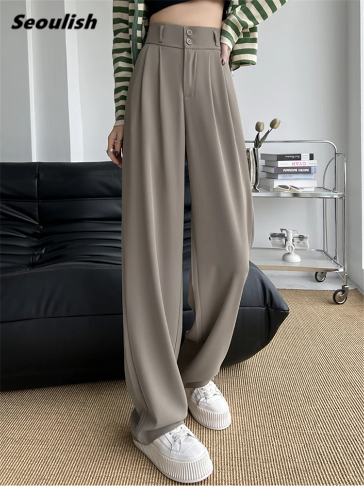 

Seoulish Summer Spring Women's Wide Leg Trousers 2023 New Casual Solid High Waist Floor Length Solid Loose Work Pants Female