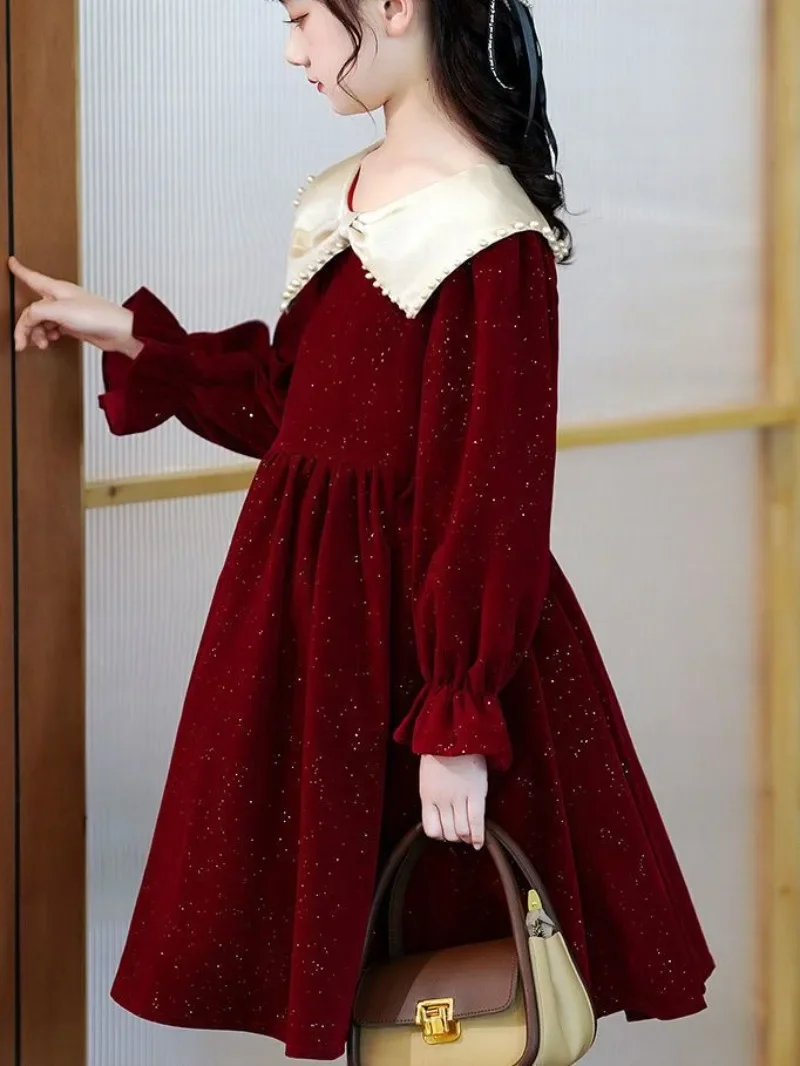 Girls' New Arrival Autumn Winter Princess Style Red Velvet Fleece Lined Dress Chic Kids Dress for 4-12 Years Old