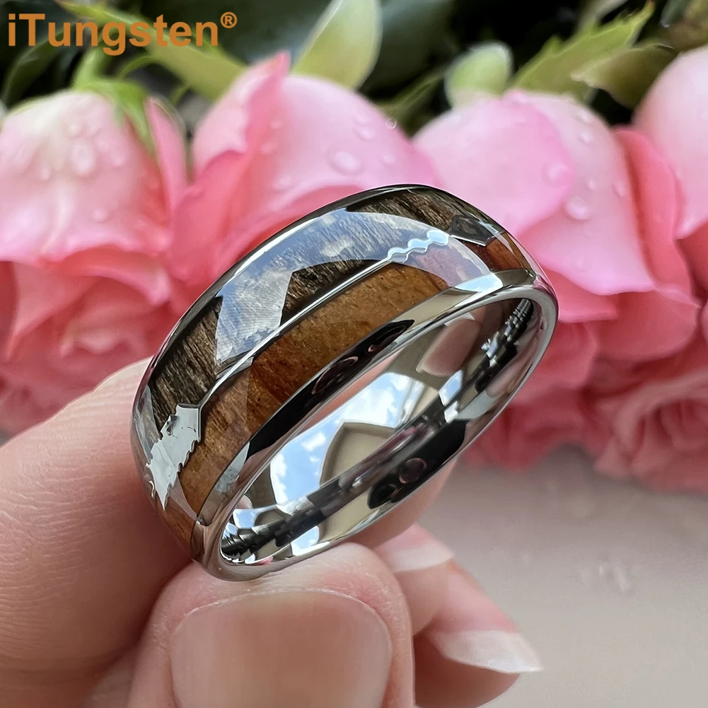 iTungsten 8mm Sandalwood Meteorite Arrow Inlay Tungsten Wedding Band Finger Ring for Men Women Fashion Jewelry Comfort Fit