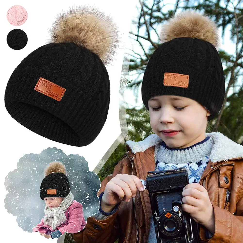 

Children's Wool Hat Autumn Winter Warm Knit Hat Breathable Warm Hat Baby Windproof Ear Single Ball Hairball Flaps Hat G6L8