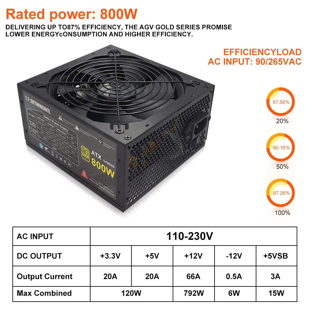 800W Full Modular ATX Power Supply 80 Plus Gold Full Voltage Gaming PUS Active PFC