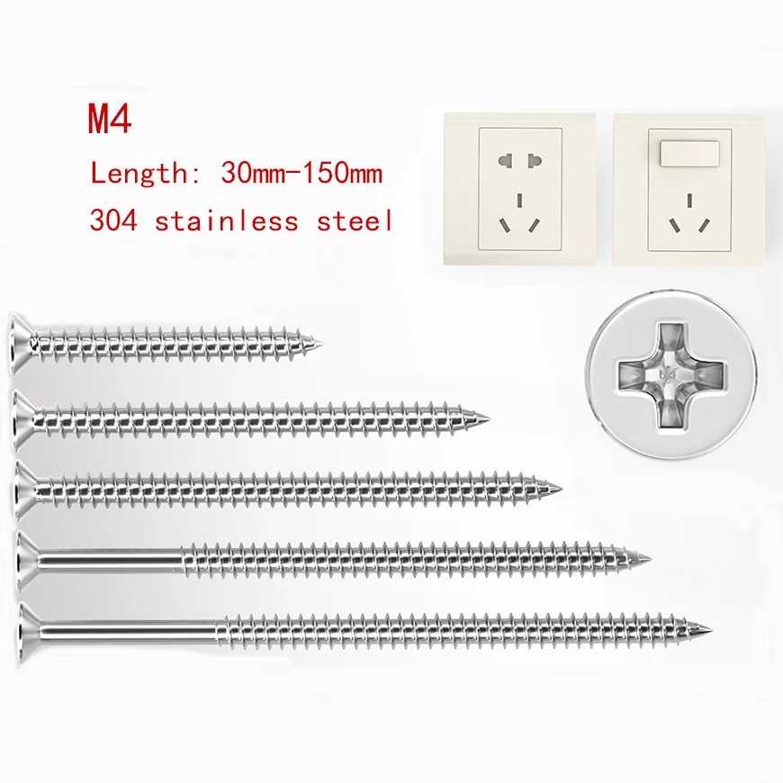 304 Stainless Steel Flat Head Cross Extended Self Tapping Screw Switch Socket Panel Countersunk Self Tapping Screw