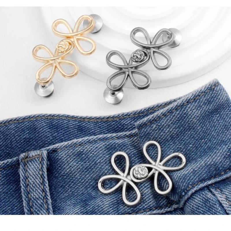 flower Waist Button Fastener Adjustable Metal Jeans Buttons - Tighteners for Loose Denim, Instant No-Sew for Denim Trousers