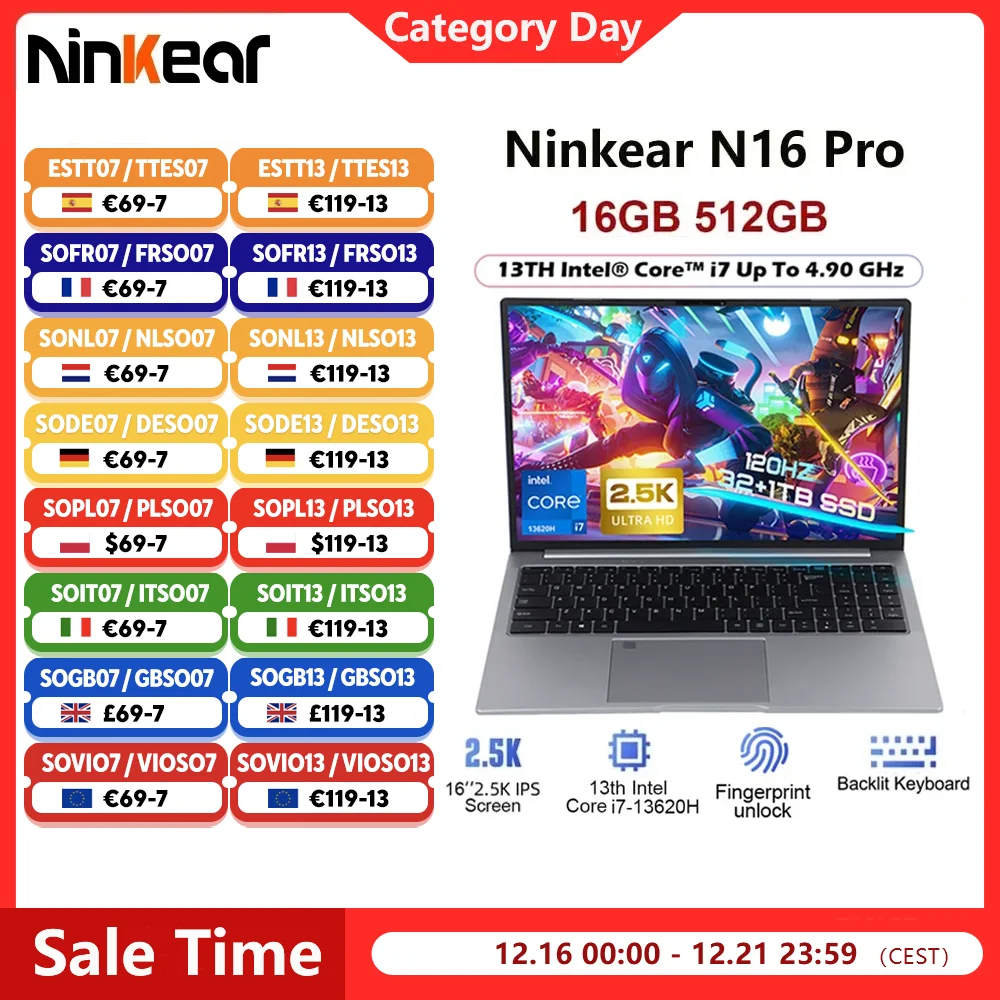 كمبيوتر محمول Ninkear N16 Pro بسعة 16 جيجابايت و12 جيجابايت و13th Intel i7-13620H مقاس 16 بوصة 2.5 كيلو IPS 120 هرتز كمبيوتر ألعاب 57.75 وات في الساعة وفتح بصمة الإصبع