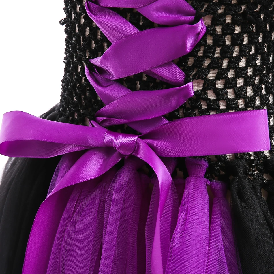 Schwarzes und Lila Hexenkostüm für Mädchen, Langes Tüllkleid mit Rüschen, Schulterfreies Maleficent-Cosplay-Outfit für Kinder zu Halloween und Karneval – Detail 12