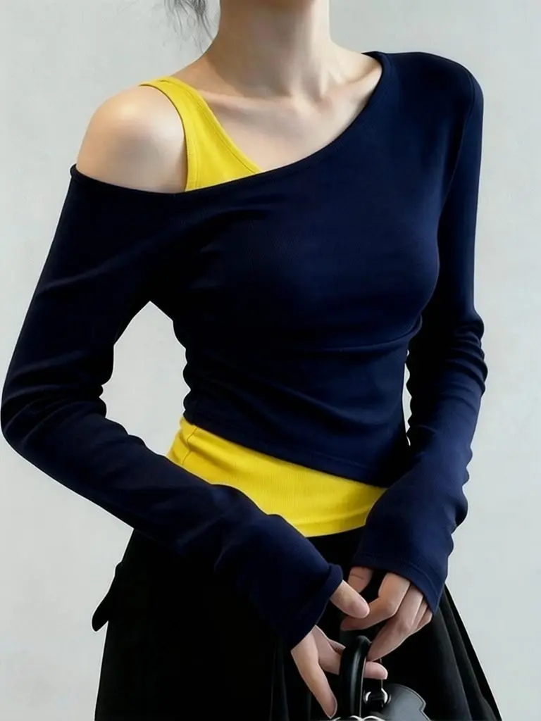Fake Two Piece One Shoulder T Shirt Women Sexy Slim Fitted Long Sleeve Top Basic Tees Korean Elegant Spring Fall Outwear Navy