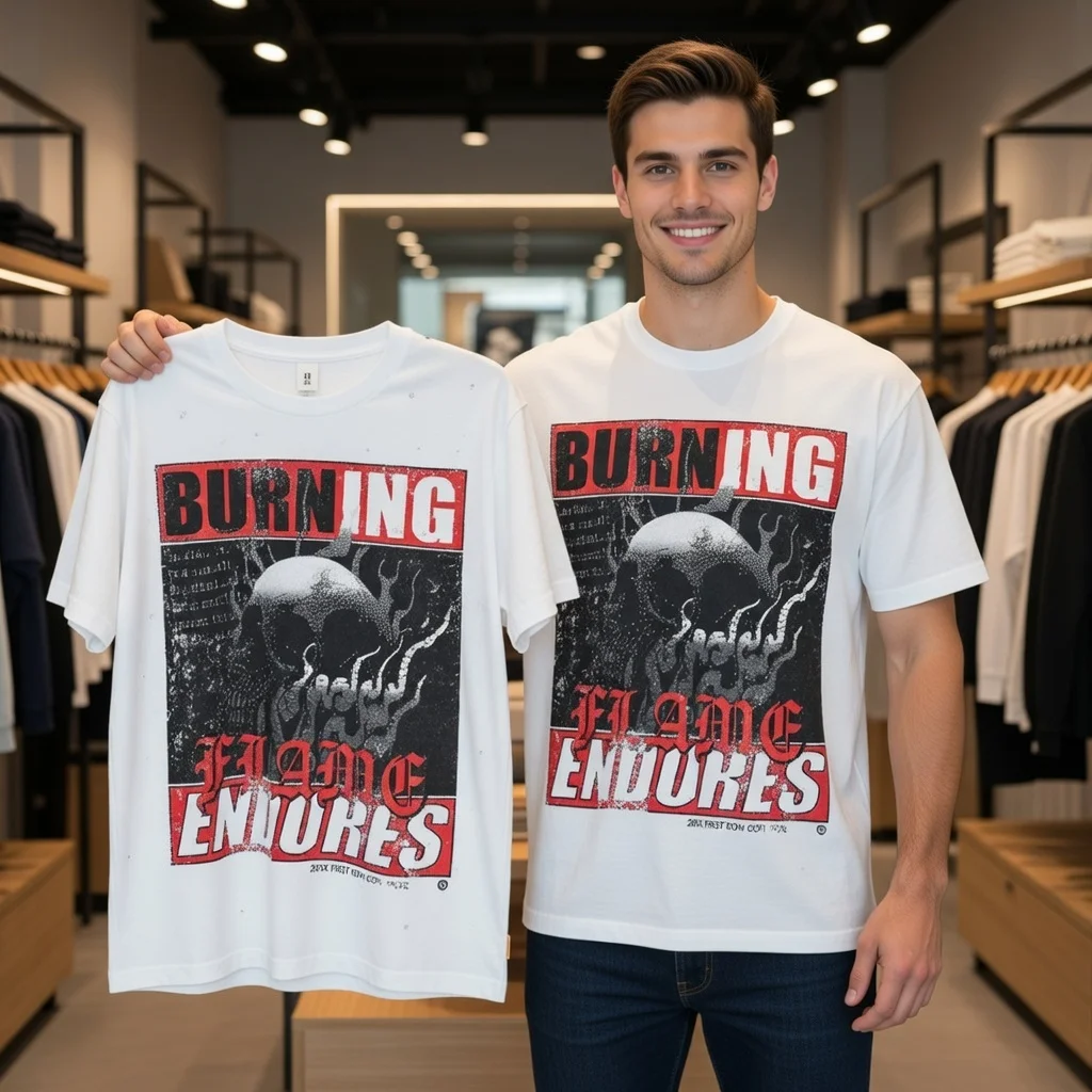 FIRST ROW TEE Oversized Graphic Print T-Shirt Burning Flame Skull Rhinestone Embellished Streetwear Unisex Casual Top