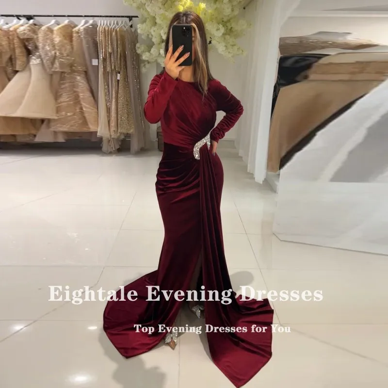 Vestido de noche de terciopelo Eightale para fiesta de boda, cuello redondo, mangas largas con cuentas, sirena, Dubai, árabe, Borgoña, vestidos de graduación personalizados