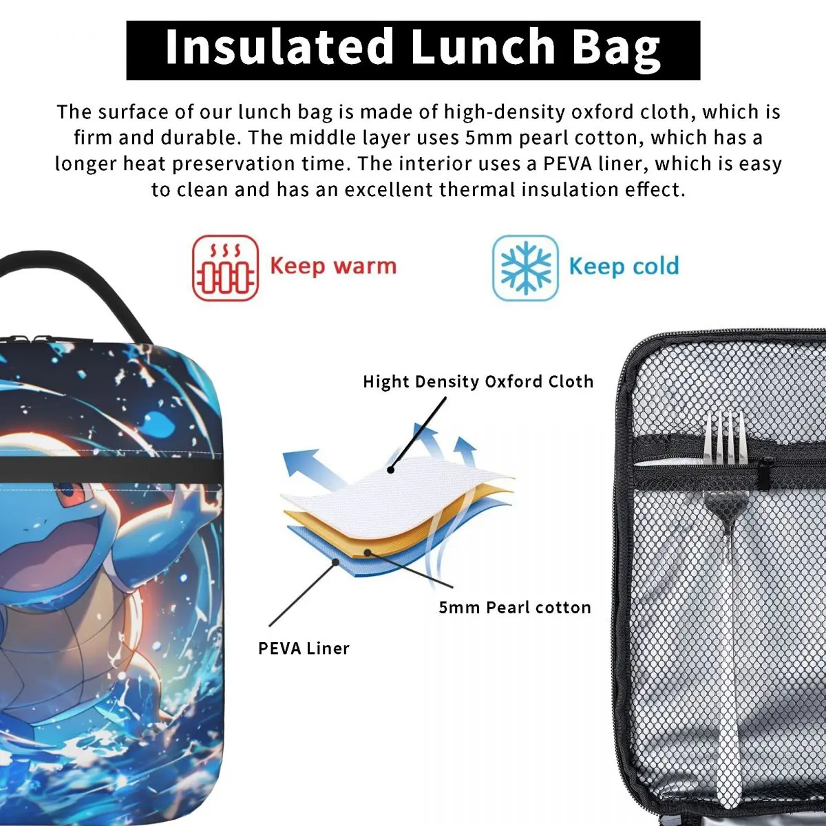 Cartoon Pikachu Niedliche Squirtle Isolierte Lunchtaschen Kühltasche Lunchbehälter Pikachu Große Tragetasche Lunchbox Lebensmitteltasche Schule