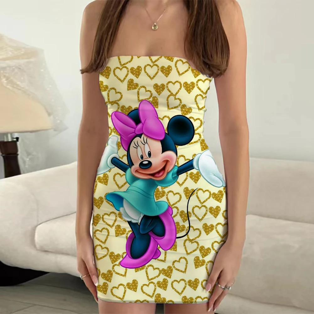 Robe décontractée et confortable avec motifs Minnie, haut tubulaire à une ligne, imprimé dessin animé, coupe couvertes sexy, robe de levage des fesses