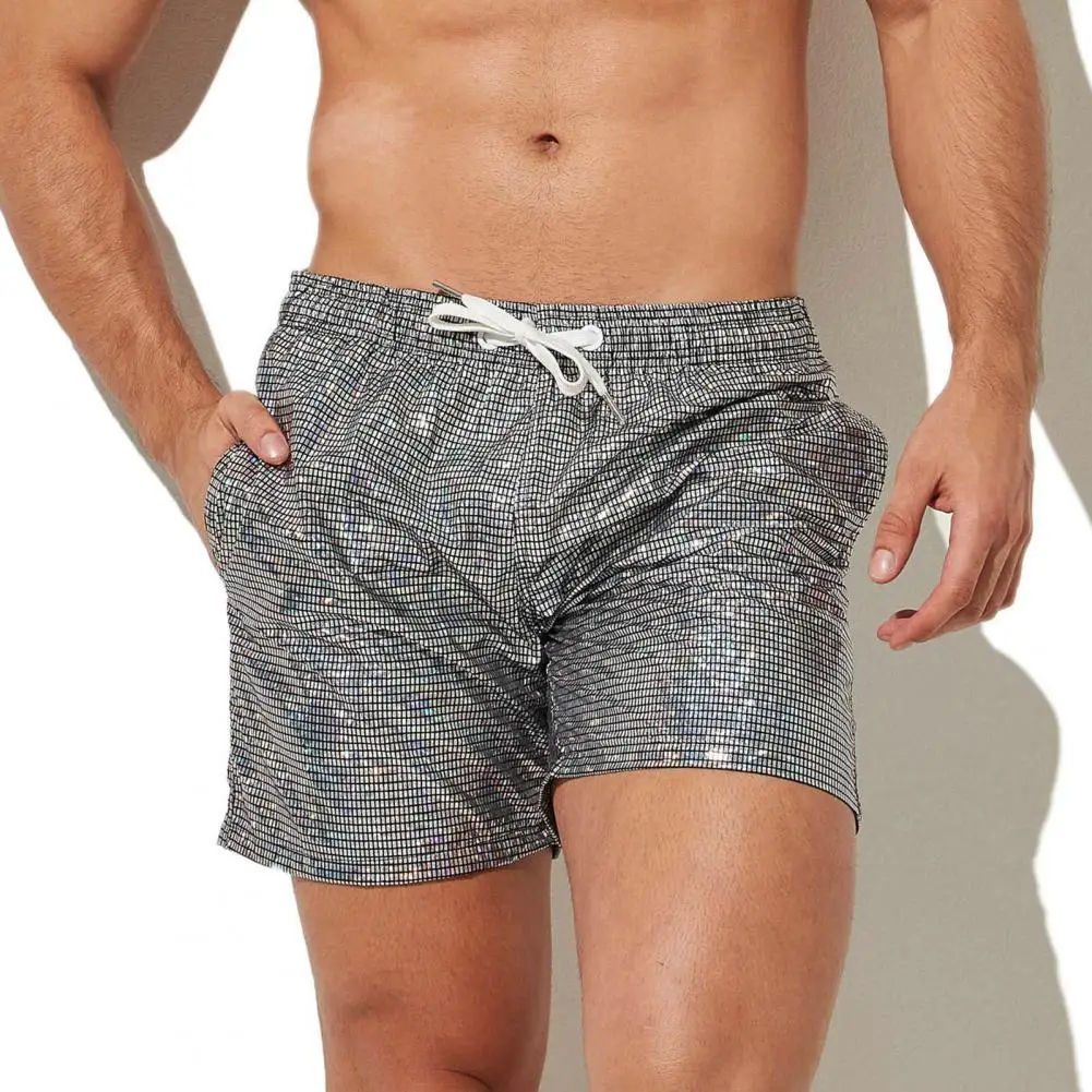 Calça de praia estampada metálica masculina brilhante com cordão, shorts de ginástica lantejoulas com cordão, elástico na cintura para fitness