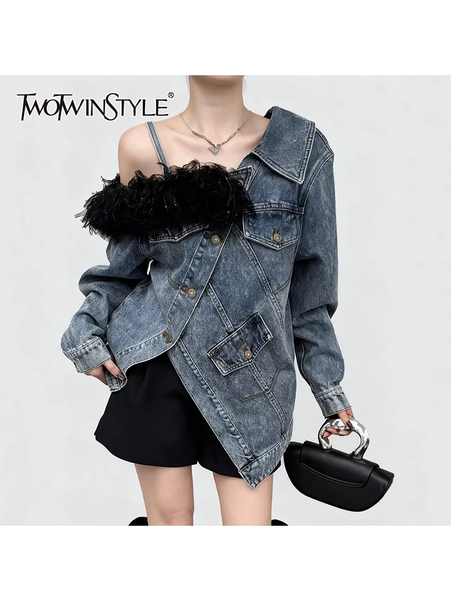 

TWOTWINSTYLE свободные ковбойские куртки с карманами нерегулярной формы для женщин диагональные Collsr с длинными рукавами лоскутная меховая куртка женская