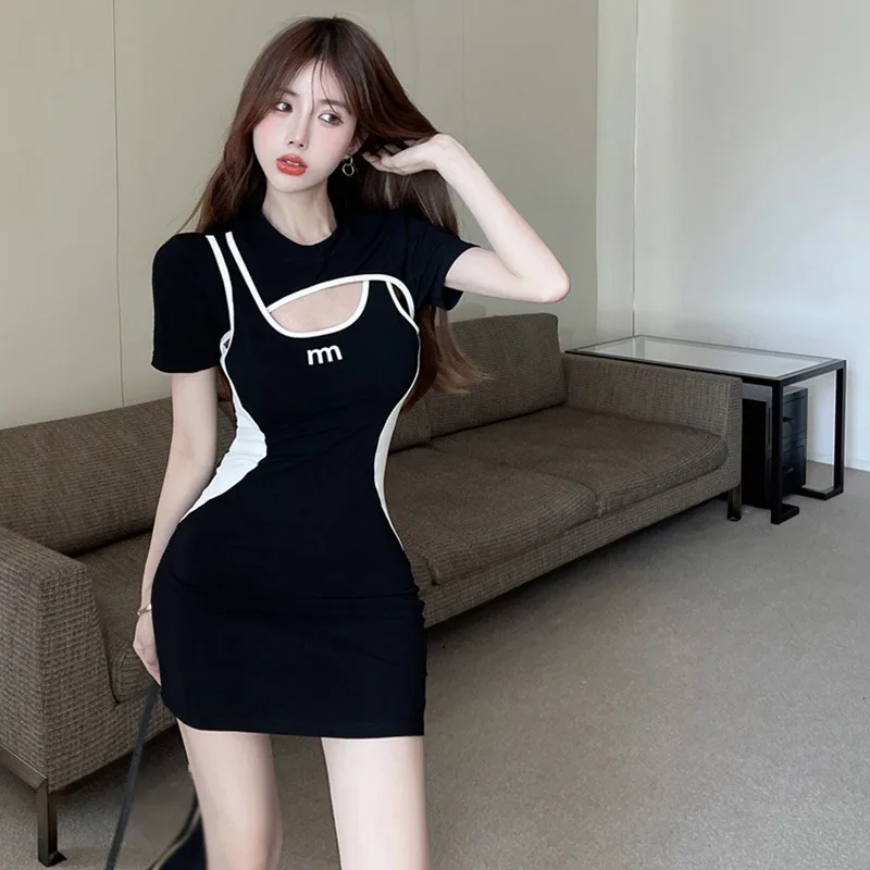 O Neck Mini-Dress For Women Hollowed Out Contrast Color Bodycon Dress Slim Sexy Short Dress Hip Wrap Korean Version Versatile