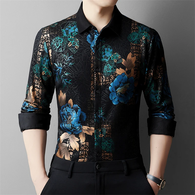 Premium Velvet Shirts For Men Long Sleeve Floral 3D Print Casual Winter Thick Quality Soft Comfortable Fashion Camisas De Hombre