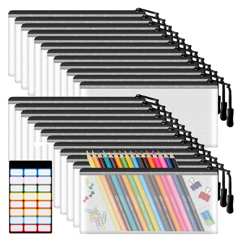 ABBK-24Pcs أكياس أكياس شبكية بسحاب، أكياس سوداء صغيرة شفافة، تنظيم مستحضرات التجميل أثناء السفر والفصول الدراسية واللوازم المكتبية