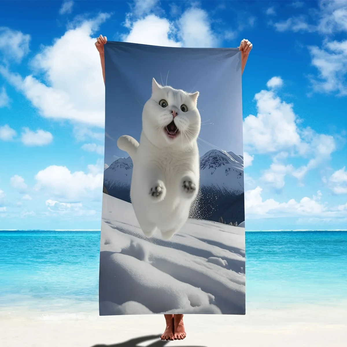 Ultra-Soft Microfiber Beach Towel with Playful Cats & Mountain Landscape Print - Quick-Dry, Sandproof & Lightweight for Travel,