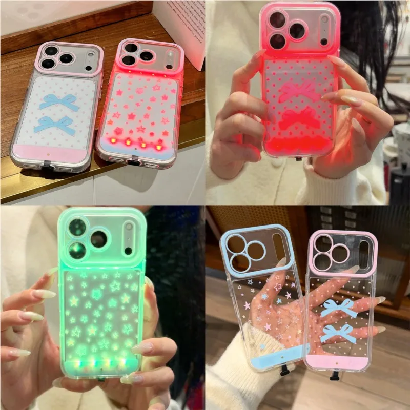 Change Color Luminous Call Light Up Flash Cute Bowknot Star Phone Case For Samsung GalaxyS24 S25 S26 Ultra Plus Shockproof Cover