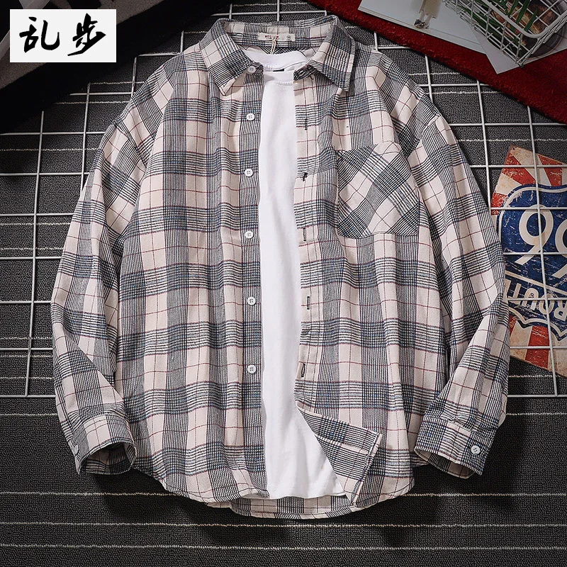 

Мужская клетчатая рубашка-куртка Rampo с длинным рукавом, повседневная, в стиле Харадзюку, для студентов, из смесового полиэстера и хлопка, для весны и осени