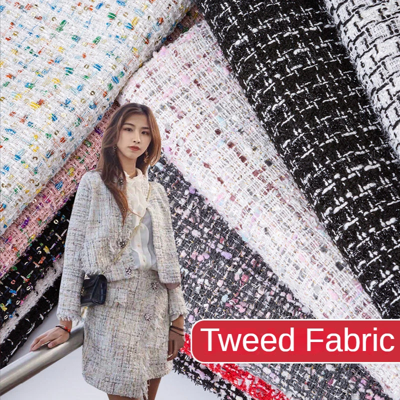 Tweed Fabric By The Meter for Coats Dresses Clothing Skirts Sewing Thickened Winter Cloth Soft Drape Fashion Plaid Textile white