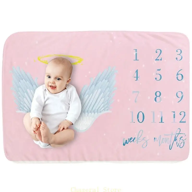 E7CE Baby Month Milestone Blanket Monthly Record Growth Blanket Newborn Soft Flannel Angel Wing Printed